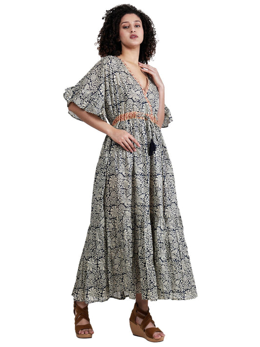 Robe longue taille empire à imprimé tropical