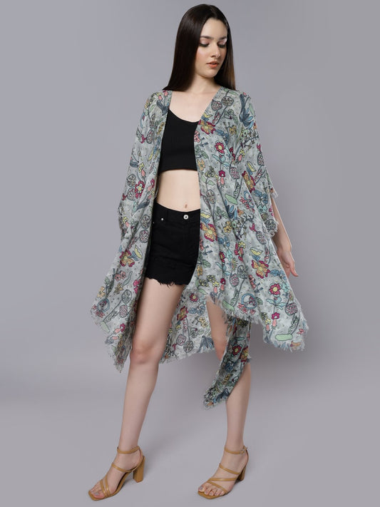 Line Art Floral Merino Wool Travel Cape