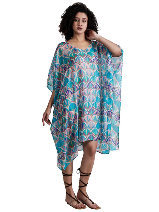 Caftan long en soie à imprimé géométrique