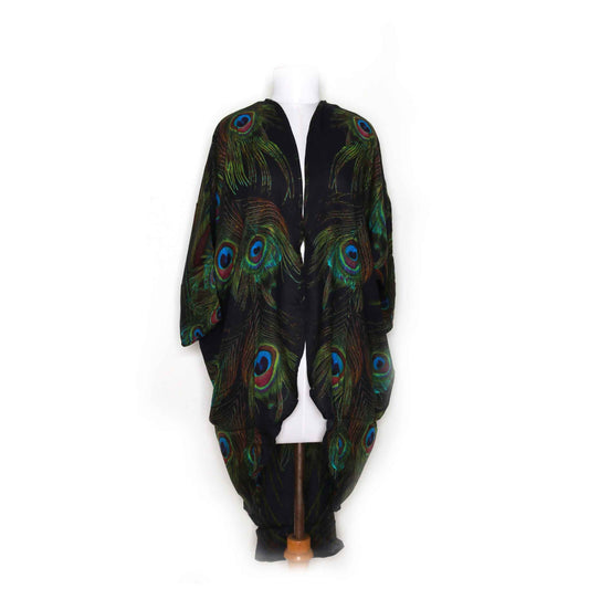 Peacock Feather Black Modal Kimono