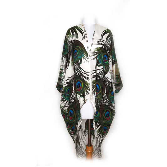 Peacock Feather White Modal Kimono