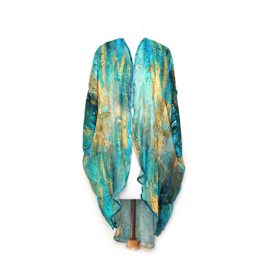 Kimono en modal aux tons turquoise et dorés