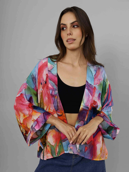 Kimono court en mousseline de coton abstrait