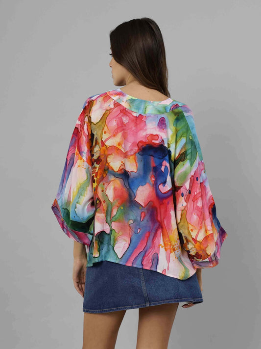 Kimono court en mousseline de coton abstrait