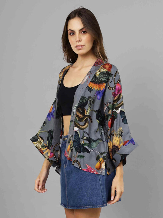 Kimono court en mousseline de coton fleurie