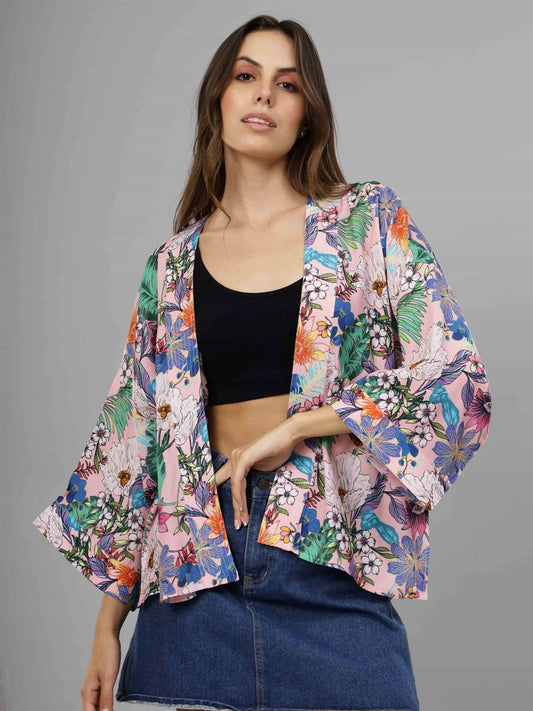 Kimono court en mousseline de coton fleurie