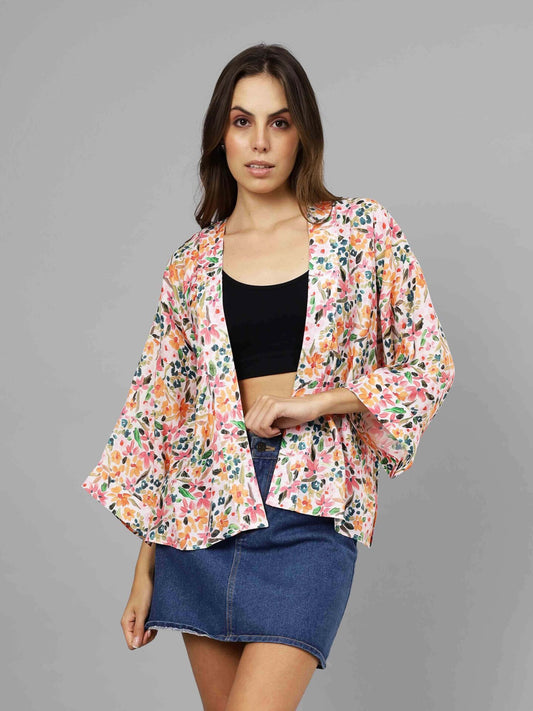 Kimono court en mousseline de coton fleurie