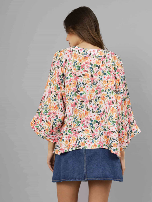 Kimono court en mousseline de coton fleurie