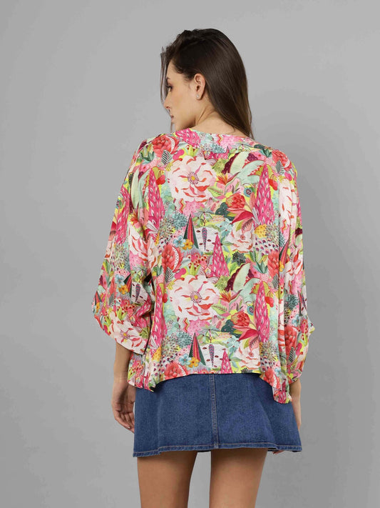 Kimono court en mousseline de coton fleurie