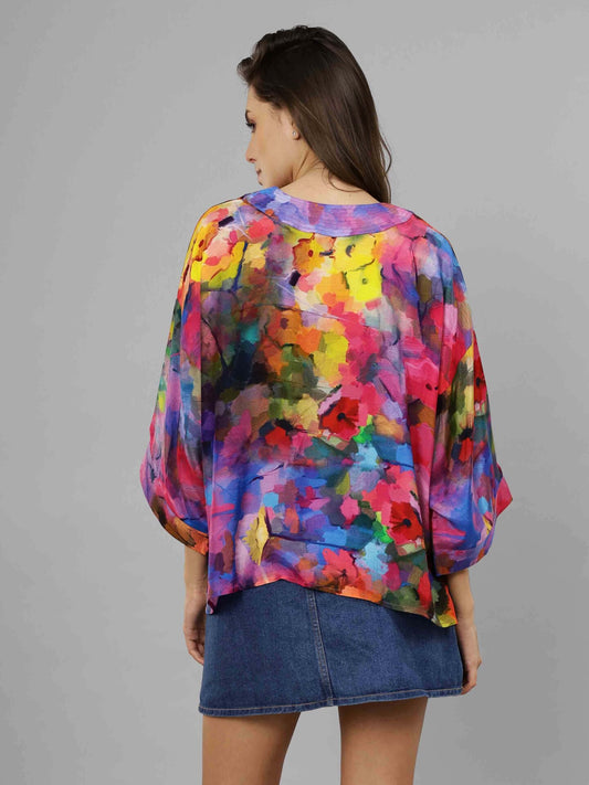 Kimono court en velours de coton à imprimé floral