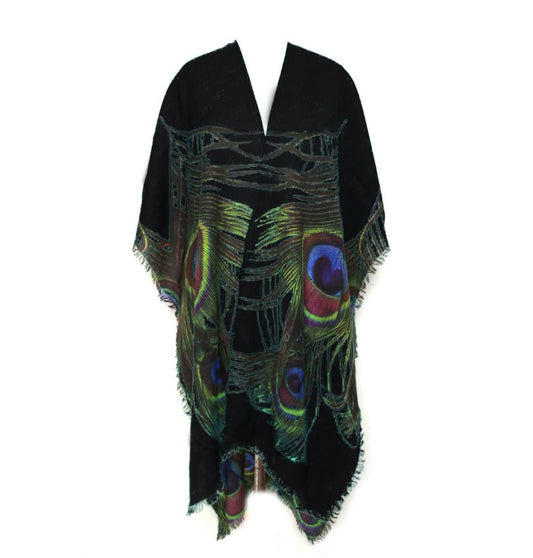 Peacock Feather Black Merino Wool Travel Cape